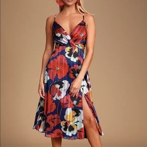 Lulus Royal Blue Floral Print Midi Dress- Small
